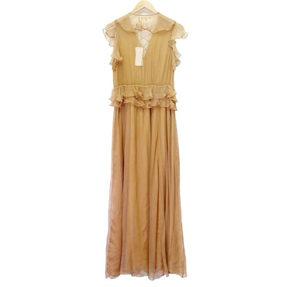 NWT New Friends Colony Maya Tan Chiffon Ruffled Lace-Up Maxi Dress Size Medium - Picture 3 of 13